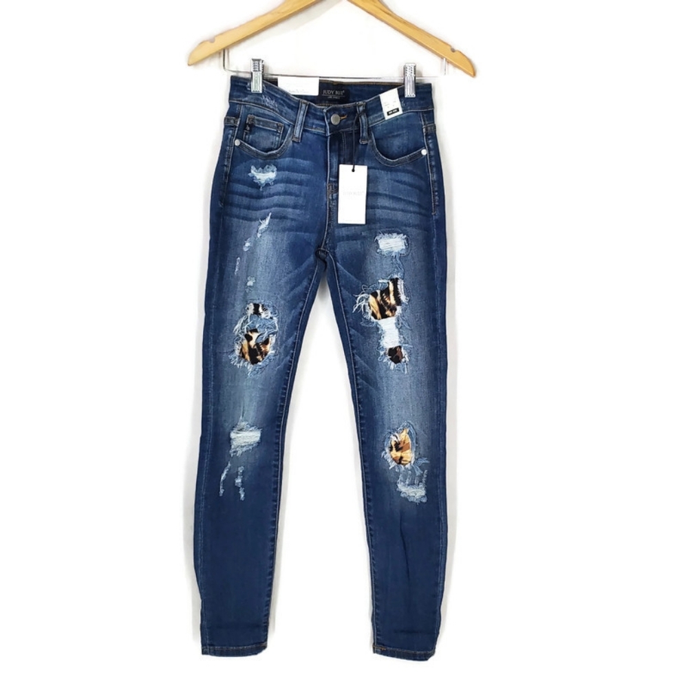New Judy Blue Skinny Fit Distressed Leopard/Cheetah Lined Jeans Womens Size 1/25